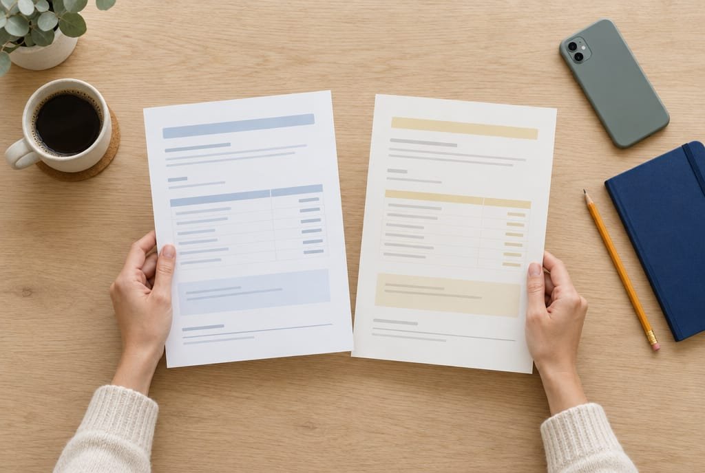 Deux mains comparant deux documents côte à côte sur un bureau en bois clair