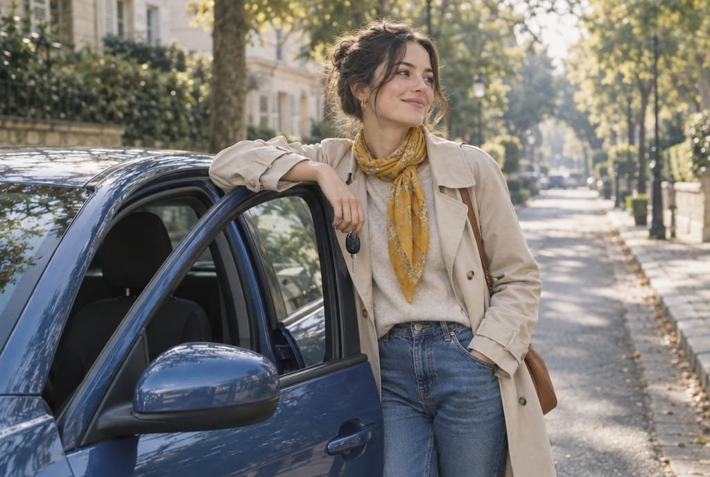 Jeune femme appuyée à la portière de sa voiture dans une rue arborée
