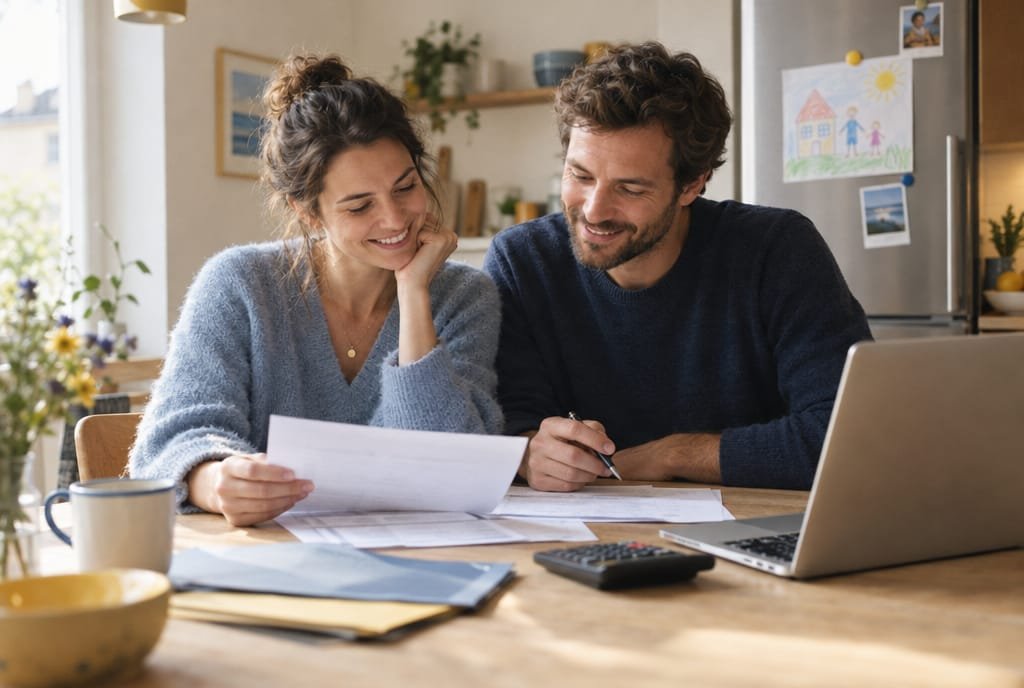 Couple soulagé examinant les documents de son prêt immobilier à la table de la cuisine