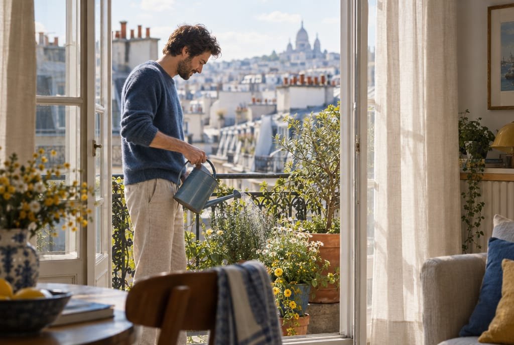 Homme arrosant ses plantes sur le balcon d'un appartement parisien lumineux