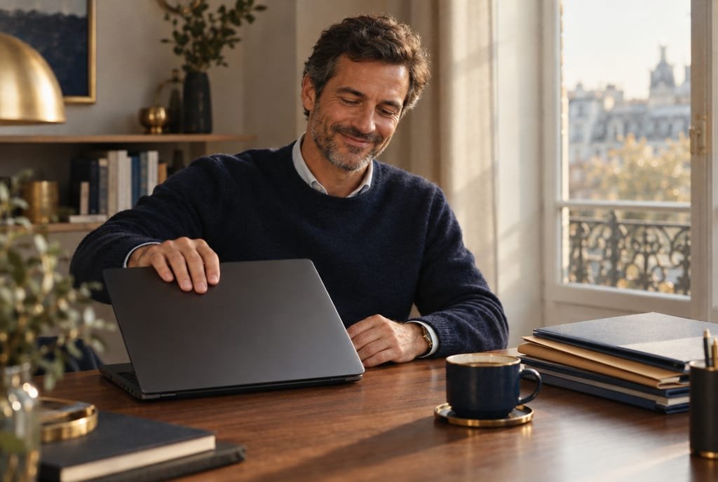 Homme soulagé refermant son ordinateur portable à son bureau, dossiers rangés