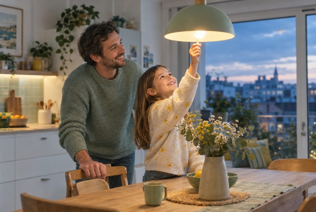 Père et fille allumant une suspension chaleureuse au-dessus de la table au crépuscule