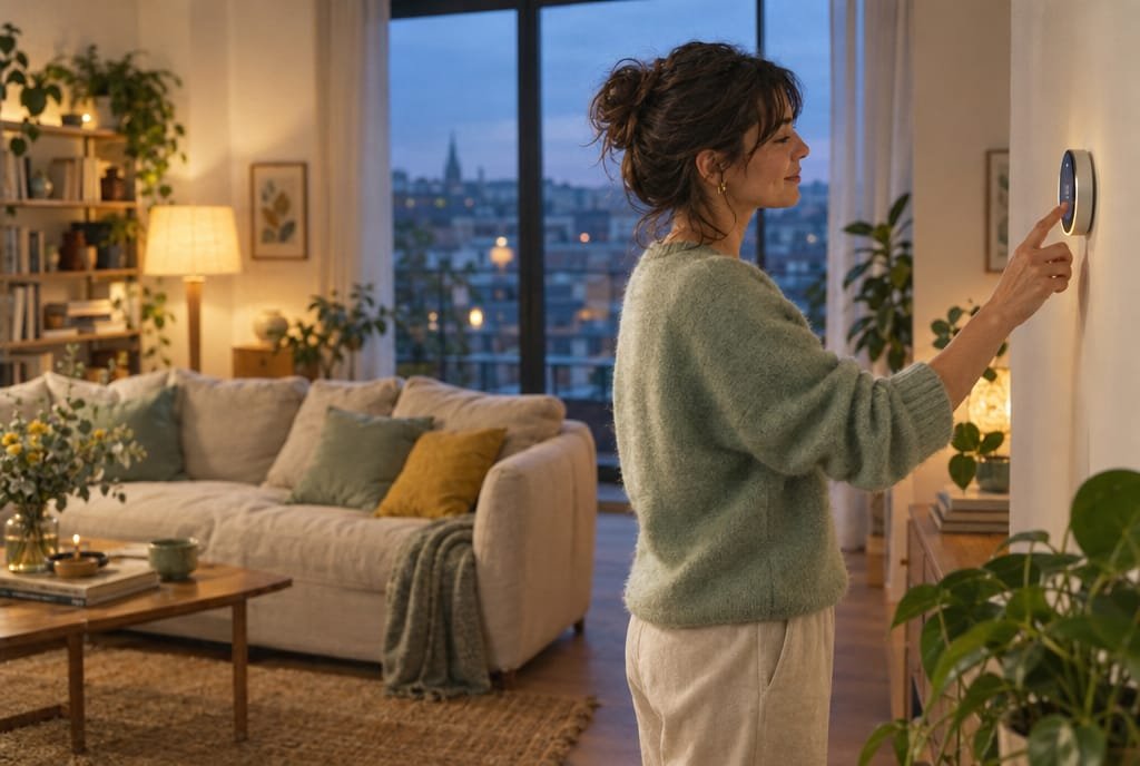 Personne réglant un thermostat connecté dans un salon chaleureux au crépuscule
