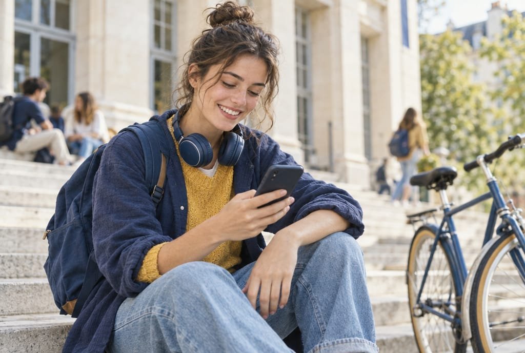 Étudiant souriant assis sur les marches d'une université, sac à dos et vélo