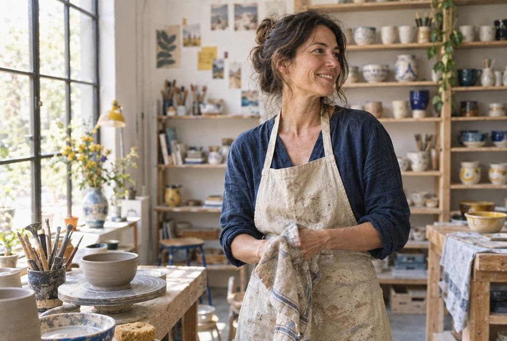 Artisane céramiste souriante dans son atelier baigné de lumière