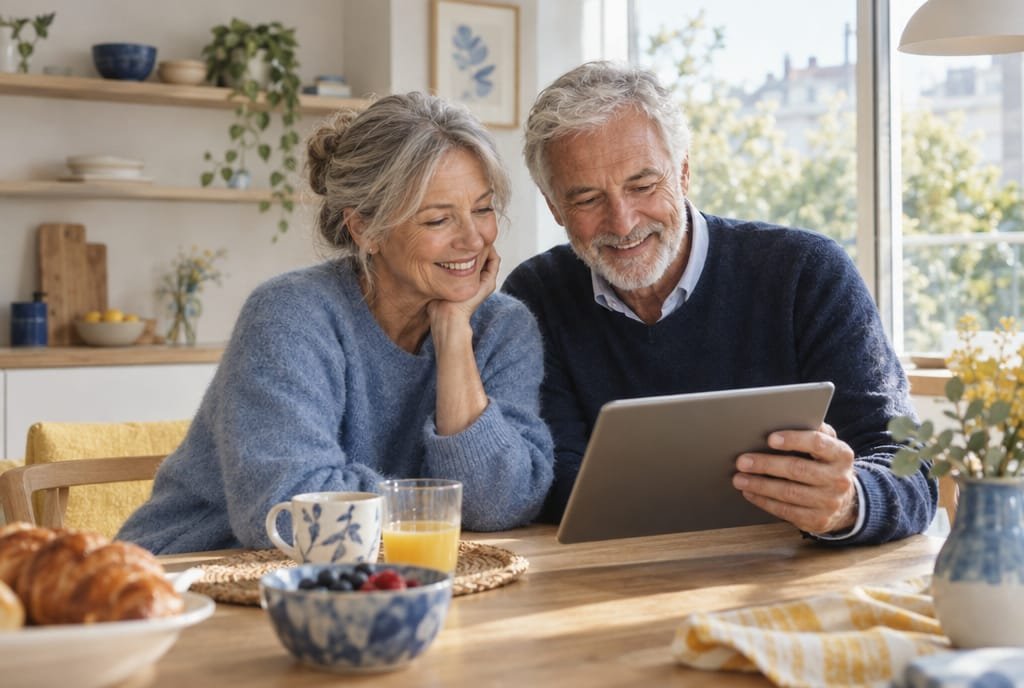 Couple de seniors souriants consultant une tablette dans leur cuisine baignée de lumière