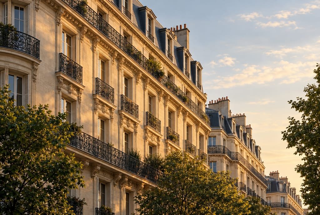 Façades d'immeubles haussmanniens parisiens dans la lumière de fin d'après-midi
